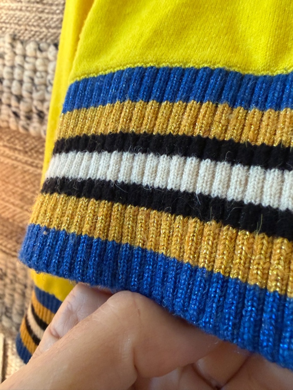 Desigual yellow sequined 'Awesome' crewneck sweater sparkle stripe trim - Picture 3 of 13
